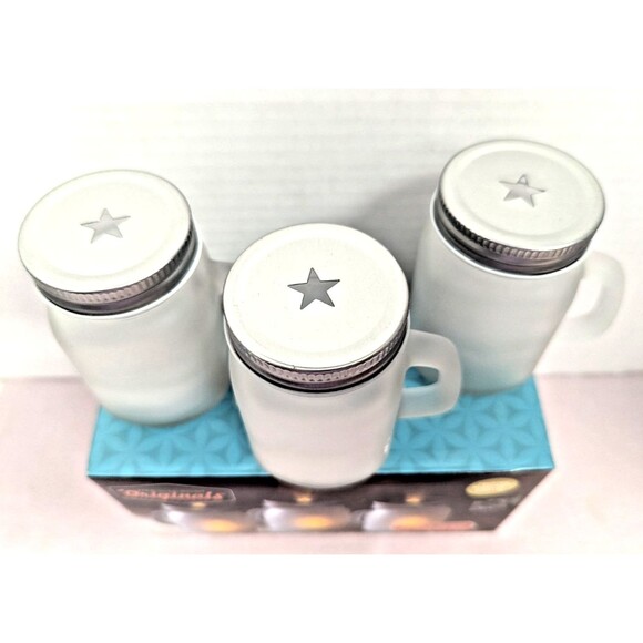 Meridian Mason Jar Tea Light Jars Set 3-Piece White Frosted Glass Star Lid NEW - Picture 2 of 4